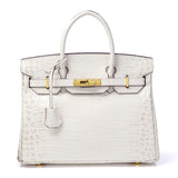 Crocodile-Embossed Structured Leather Handbag – Elegant Satchel with Gold Hardware