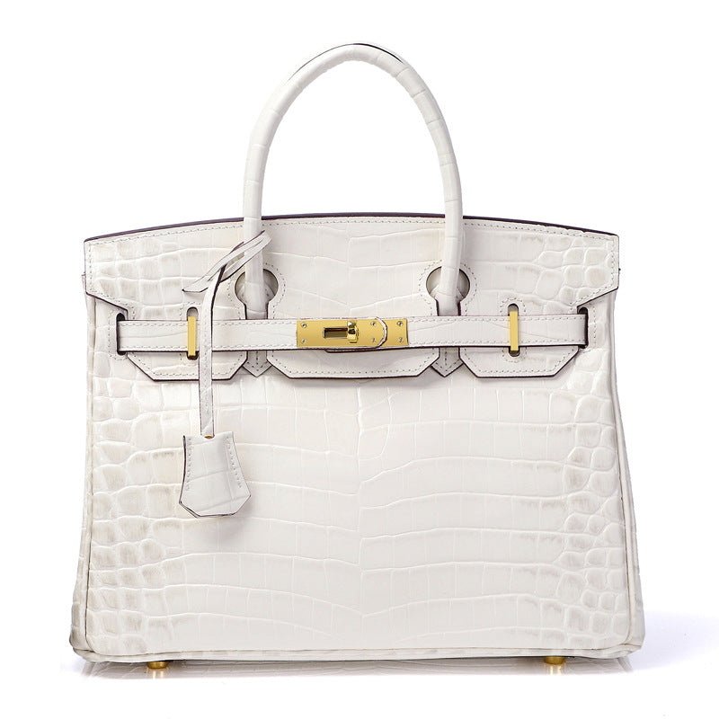 Crocodile-Embossed Structured Leather Handbag – Elegant Satchel with Gold Hardware