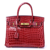 Crocodile-Embossed Structured Leather Handbag – Elegant Satchel with Gold Hardware