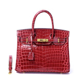 Glossy Croc-Texture Leather Satchel – Structured Designer-Inspired Handbag with Gold Accents