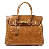 Crocodile-Embossed Structured Leather Handbag – Elegant Satchel with Gold Hardware