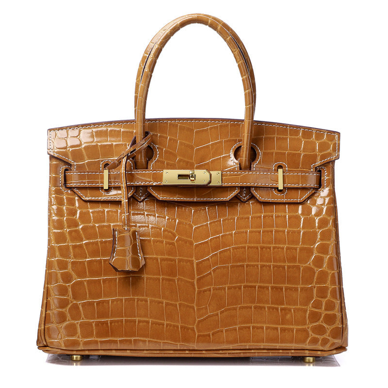 Crocodile-Embossed Structured Leather Handbag – Elegant Satchel with Gold Hardware