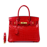 Glossy Croc-Texture Leather Satchel – Structured Designer-Inspired Handbag with Gold Accents