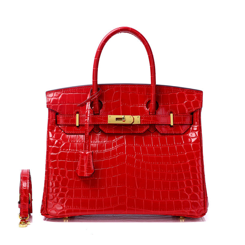 Glossy Croc-Texture Leather Satchel – Structured Designer-Inspired Handbag with Gold Accents