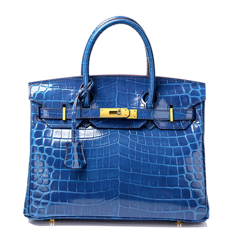Crocodile-Embossed Structured Leather Handbag – Elegant Satchel with Gold Hardware