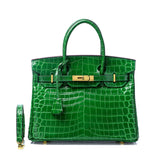 Glossy Croc-Texture Leather Satchel – Structured Designer-Inspired Handbag with Gold Accents