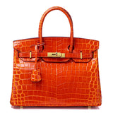 Crocodile-Embossed Structured Leather Handbag – Elegant Satchel with Gold Hardware