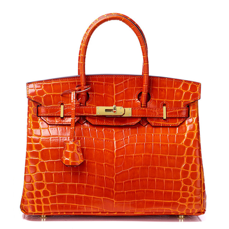 Crocodile-Embossed Structured Leather Handbag – Elegant Satchel with Gold Hardware