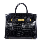 Crocodile-Embossed Structured Leather Handbag – Elegant Satchel with Gold Hardware