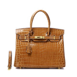 Glossy Croc-Texture Leather Satchel – Structured Designer-Inspired Handbag with Gold Accents