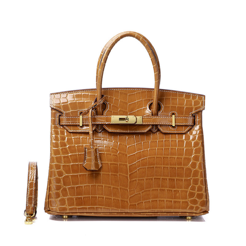 Glossy Croc-Texture Leather Satchel – Structured Designer-Inspired Handbag with Gold Accents