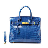 Glossy Croc-Texture Leather Satchel – Structured Designer-Inspired Handbag with Gold Accents