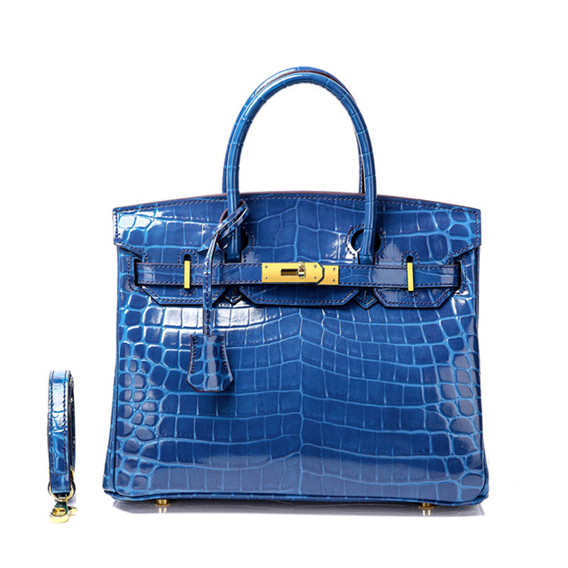 Glossy Croc-Texture Leather Satchel – Structured Designer-Inspired Handbag with Gold Accents