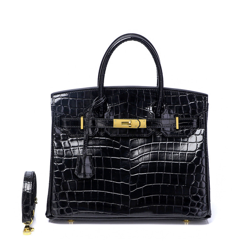 Glossy Croc-Texture Leather Satchel – Structured Designer-Inspired Handbag with Gold Accents