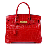 Crocodile-Embossed Structured Leather Handbag – Elegant Satchel with Gold Hardware