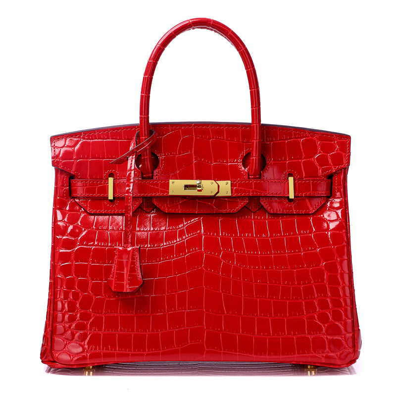 Crocodile-Embossed Structured Leather Handbag – Elegant Satchel with Gold Hardware