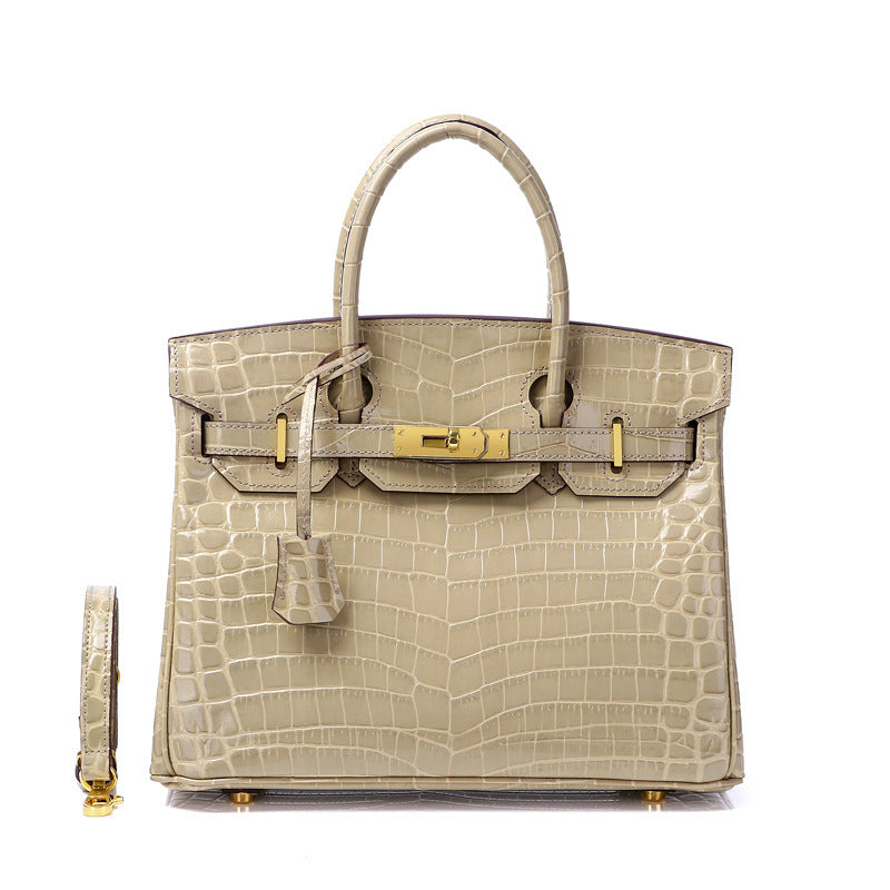 Glossy Croc-Texture Leather Satchel – Structured Designer-Inspired Handbag with Gold Accents