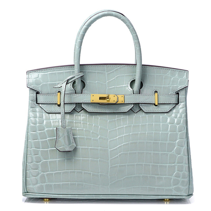 Crocodile-Embossed Structured Leather Handbag – Elegant Satchel with Gold Hardware