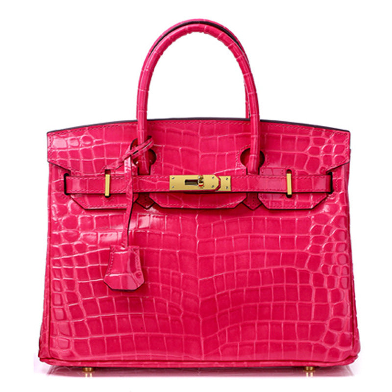 Crocodile-Embossed Structured Leather Handbag – Elegant Satchel with Gold Hardware
