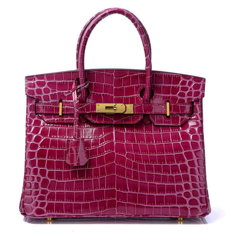 Crocodile-Embossed Structured Leather Handbag – Elegant Satchel with Gold Hardware