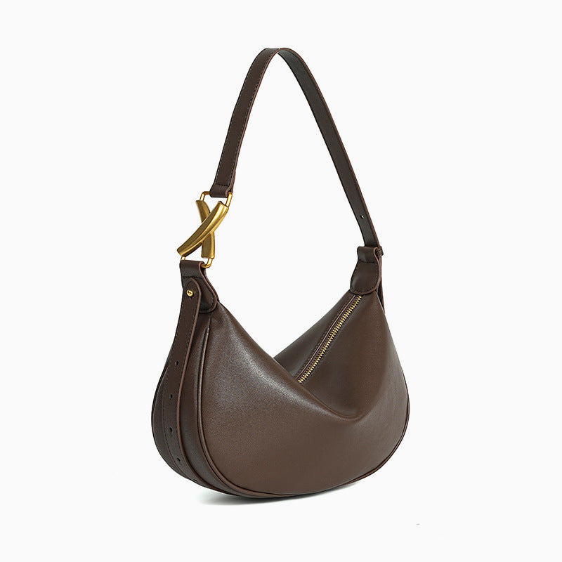 Luna Crescent Shoulder Bag – Black Genuine Leather with Gold Hardware