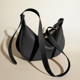 Luna Crescent Shoulder Bag – Black Genuine Leather with Gold Hardware