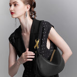 Luna Crescent Shoulder Bag – Black Genuine Leather with Gold Hardware