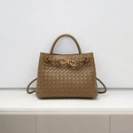Beige woven leather handbag with gold rope clasp and top handle
