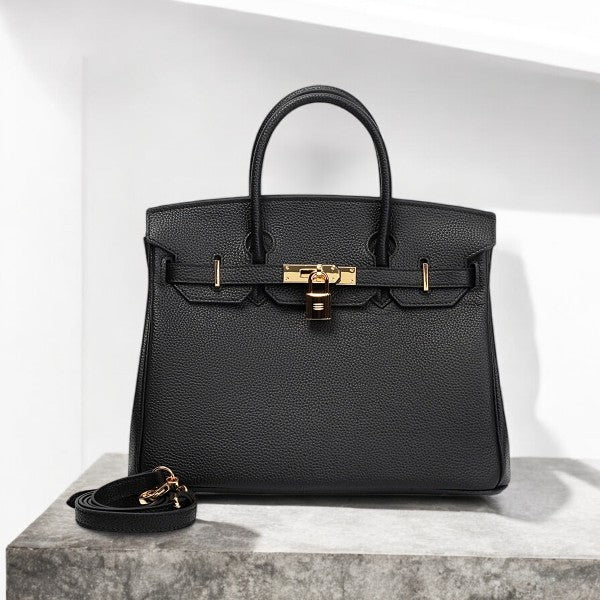 Black leather satchel handbag with gold lock and detachable shoulder strap – Aurora Bags