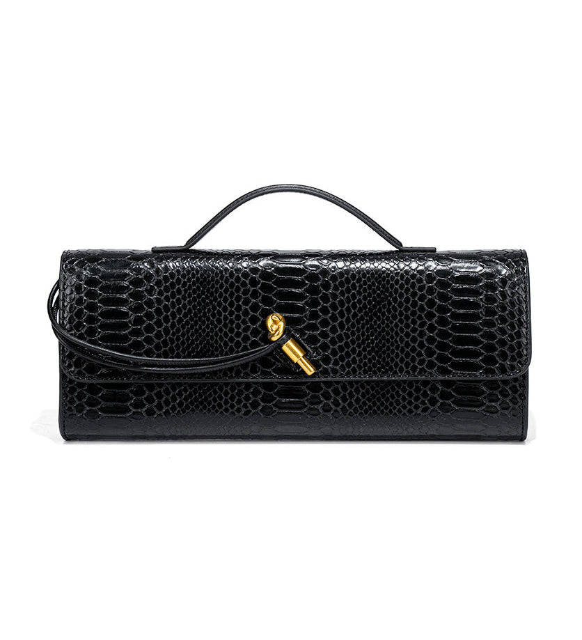 Mira | Snake-Embossed Vegan Leather Clutch – Top Handle & Gold Twist Lock