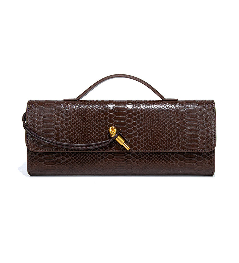 Mira | Snake-Embossed Vegan Leather Clutch – Top Handle & Gold Twist Lock