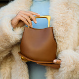 Modern Sculptural Leather Handbag – Minimalist Design with Gold Handle