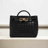 Black woven leather handbag with top handle and gold knot rope detail -Aurora-Bags.com