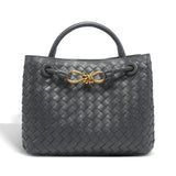 Woven Leather Midi Tote – Elegant Braided Handbag with Gold Accent