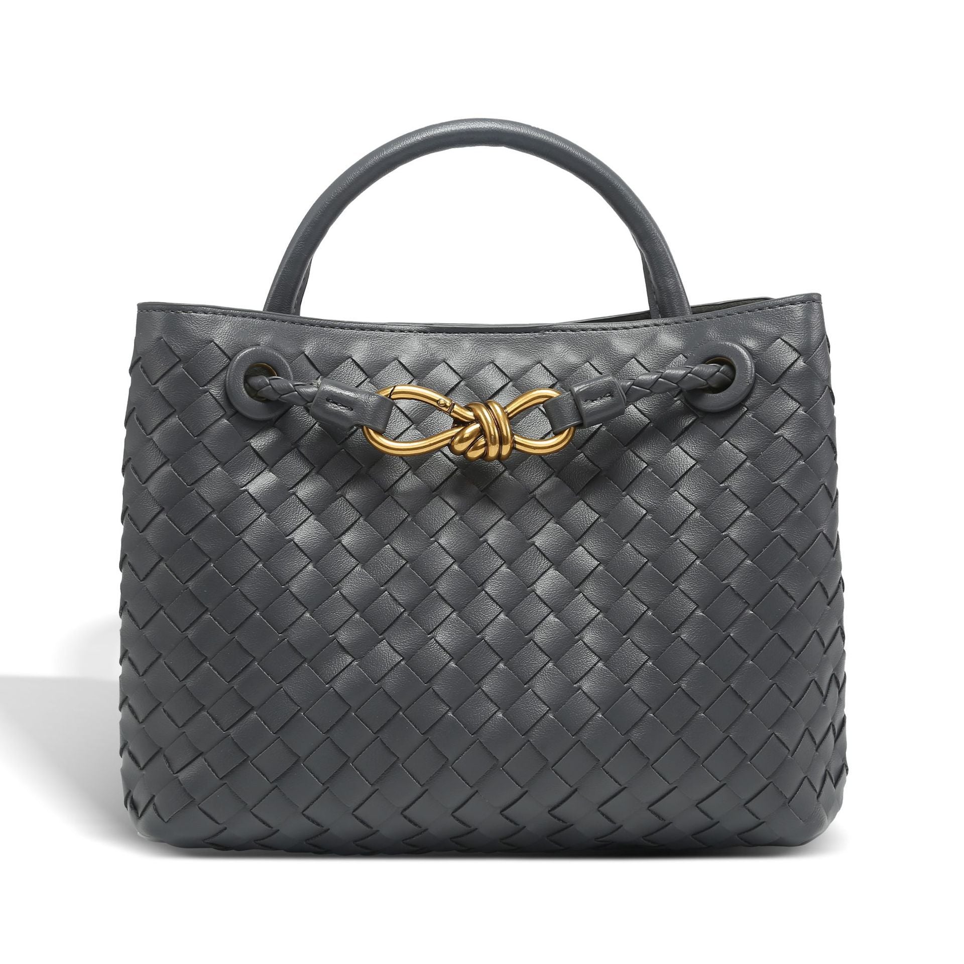 Woven Leather Midi Tote – Elegant Braided Handbag with Gold Accent