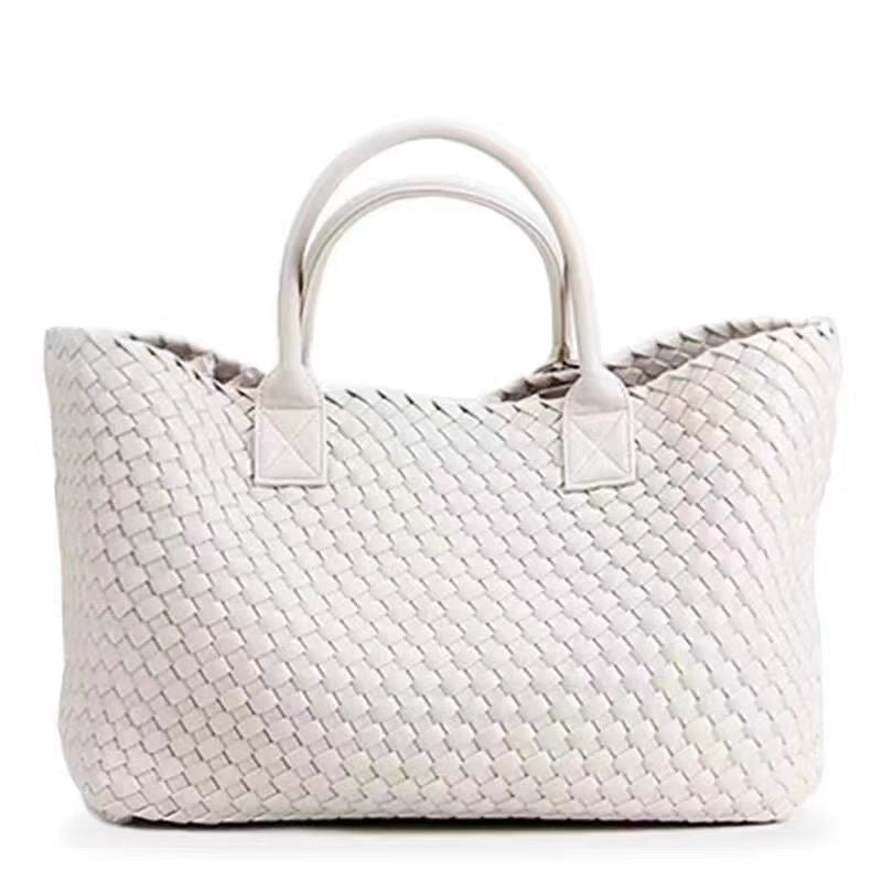 Woven Real Leather Tote Bag – Handcrafted Structured Shopper with Top Handles