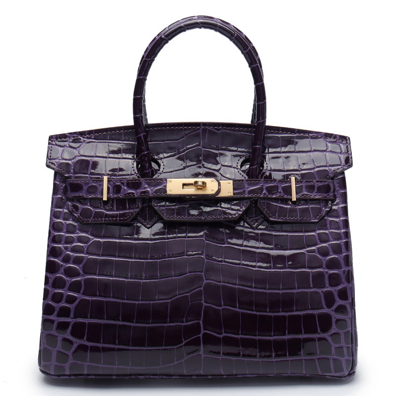 Crocodile-Embossed Structured Leather Handbag – Elegant Satchel with Gold Hardware