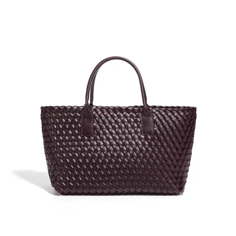 Handwoven Leather Tote Bag – Structured Genuine Leather Carryall with Top Handles
