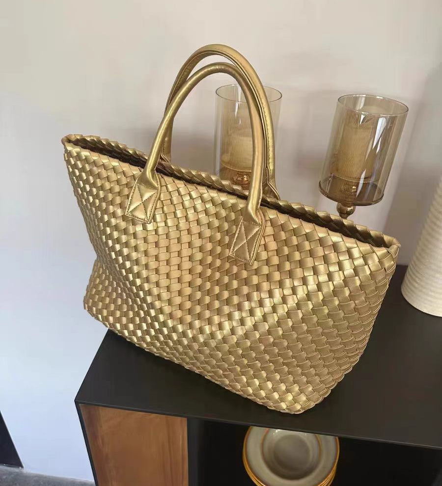 Woven Real Leather Tote Bag – Handcrafted Structured Shopper with Top Handles