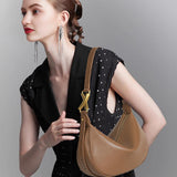 Luna Crescent Shoulder Bag – Black Genuine Leather with Gold Hardware
