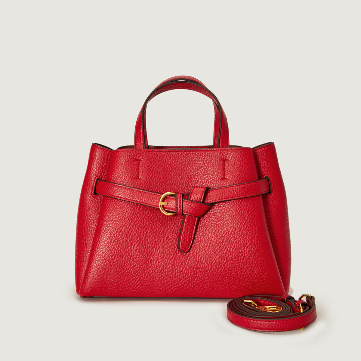 Grained Leather Handbag – Structured Mini Tote with Belt Detail