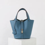 Structured Real Leather Mini Bucket Bag – Top Handle Purse with Lock Accent