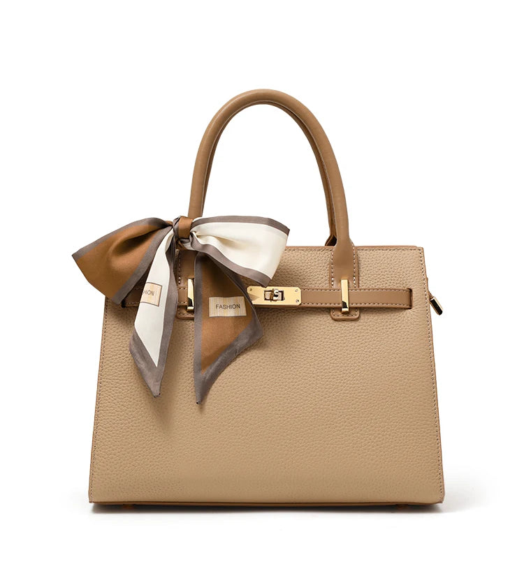 Charlotte | Beige Structured Handbag with Scarf – Elegant & Chic