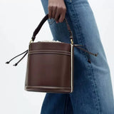 Lou | Brown Vegan Leather Bucket Bag with Drawstring Closure