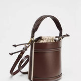 Lou | Brown Vegan Leather Bucket Bag with Drawstring Closure