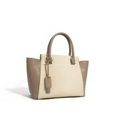 Beige Canvas Tote Bag with Genuine Leather – Women's Structured Handbag with Magnetic Closure