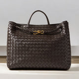 Elegant Woven Leather Tote with Gold Rope Detail – Timeless Handbag for Daily Elegance