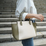Beige Canvas Tote Bag with Genuine Leather – Women's Structured Handbag with Magnetic Closure