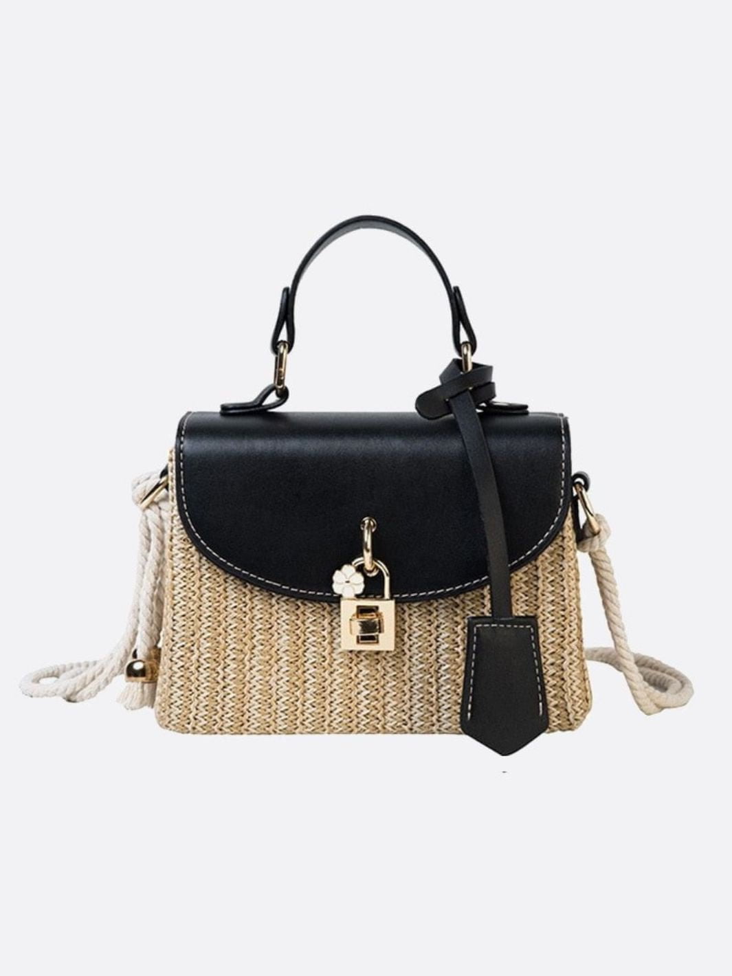Structured Woven Handbag with Faux Leather Flap – Top Handle & Rope Strap-Aurora-bags