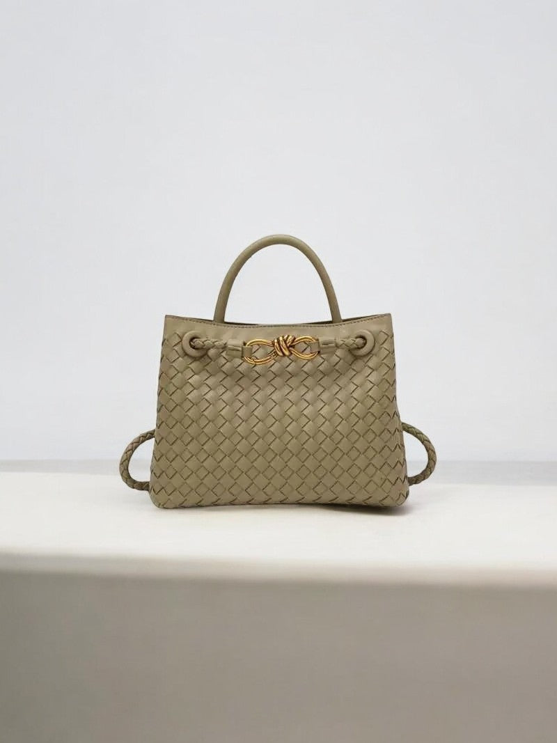 Aurora Bags taupe woven leather tote with gold rope detail – elegant neutral handbag